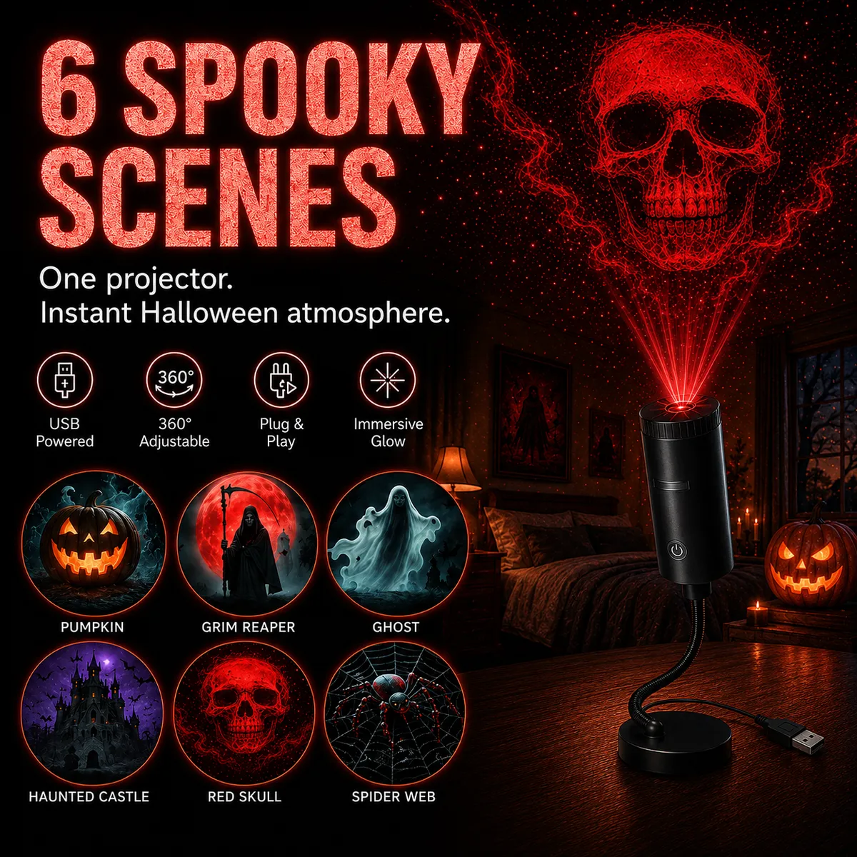 Plug & Play HD Holiday Projector for Christmas & Halloween Decor